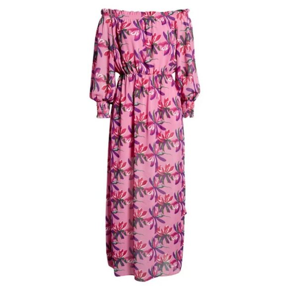 💕WAYF💕 Off Shoulder Shoulder Maxi Dress ~ Pink Birds of Paradise XS (*No Belt) - Picture 7 of 16